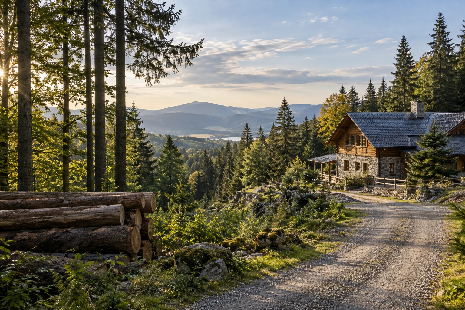 Forestry house, stacked logs and an access road below a wooded mountain slope