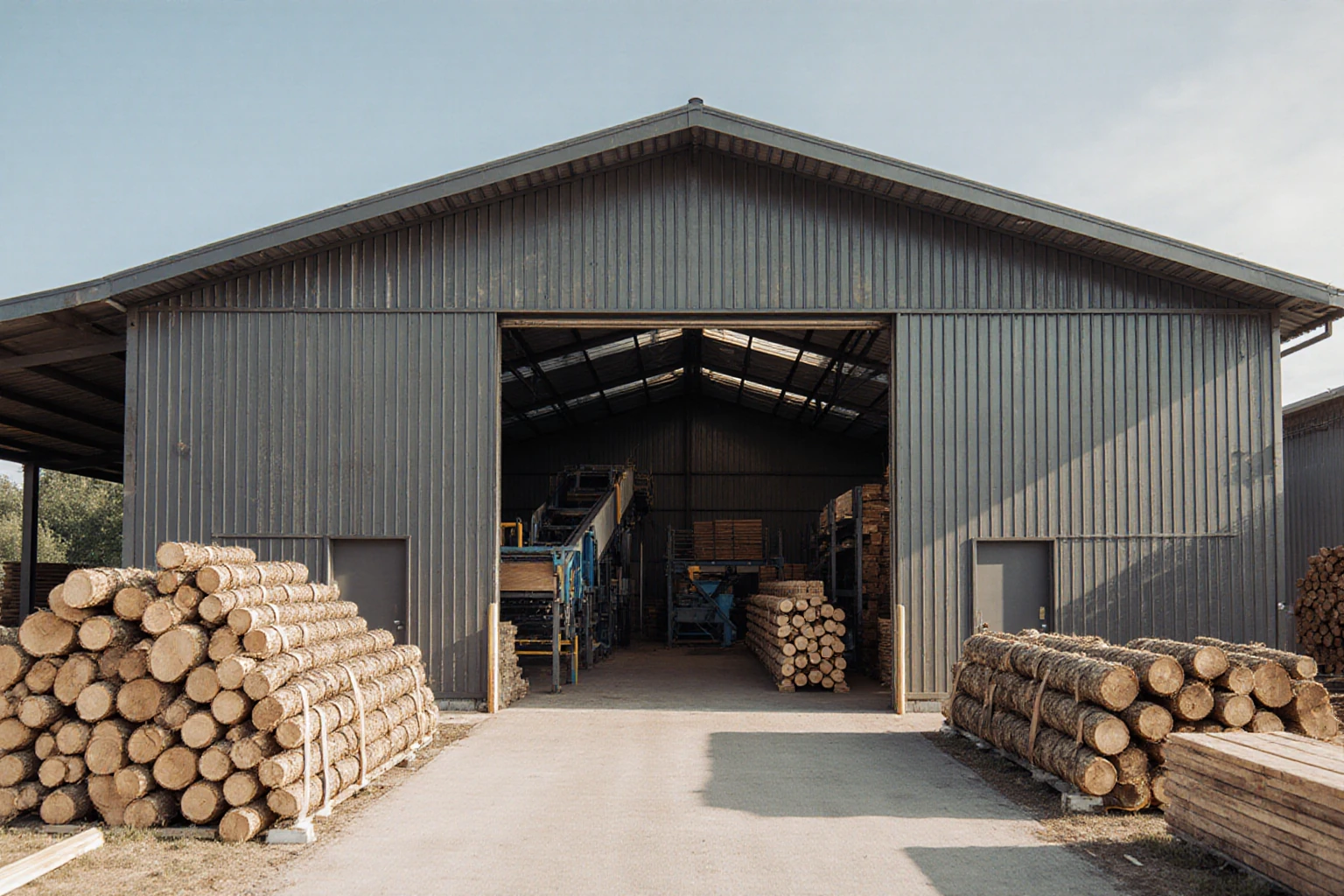 Sawmill with a production hall, round timber and stacked sawn boards