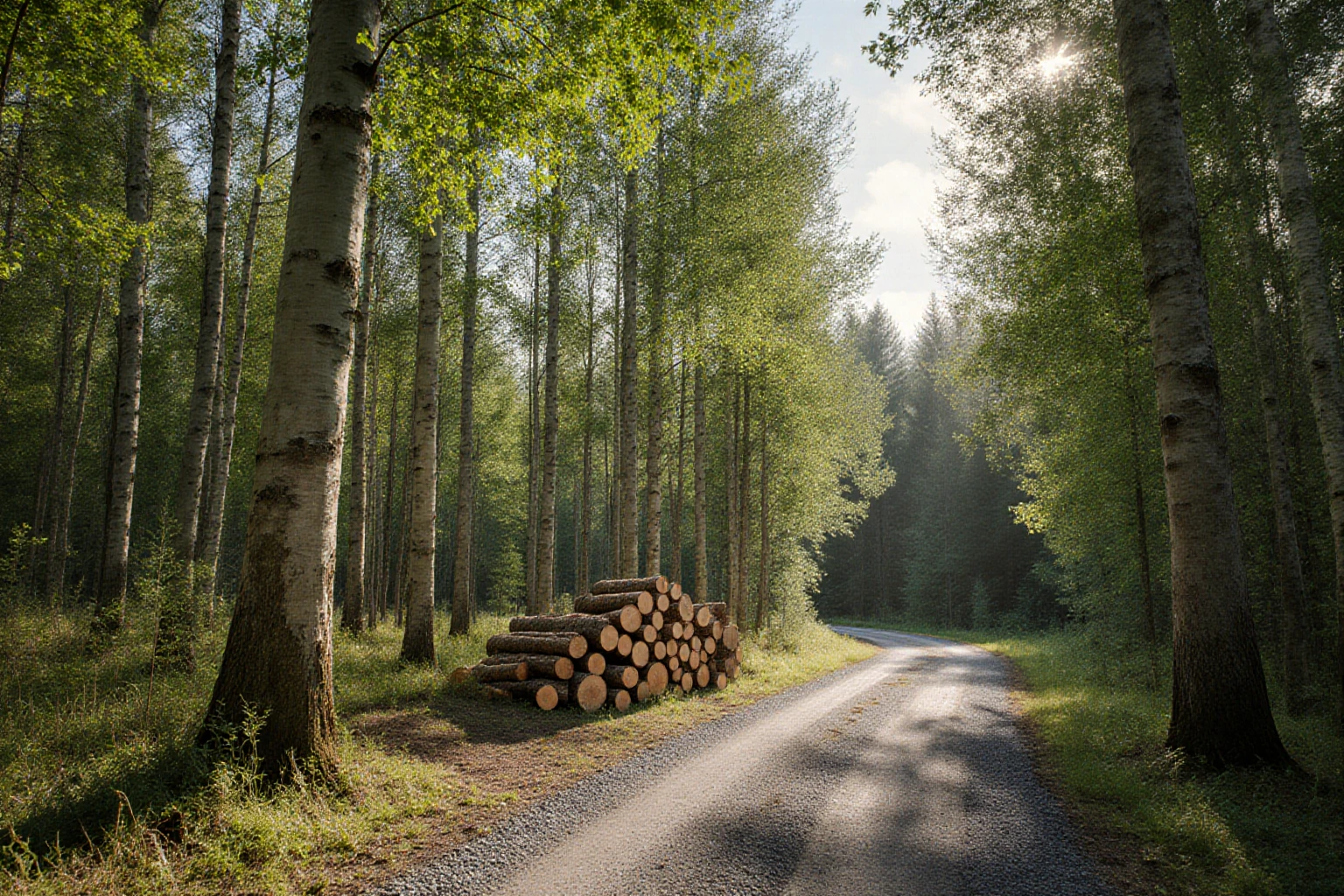 Managed mixed woodland with a forest road and stacked logs in daylight